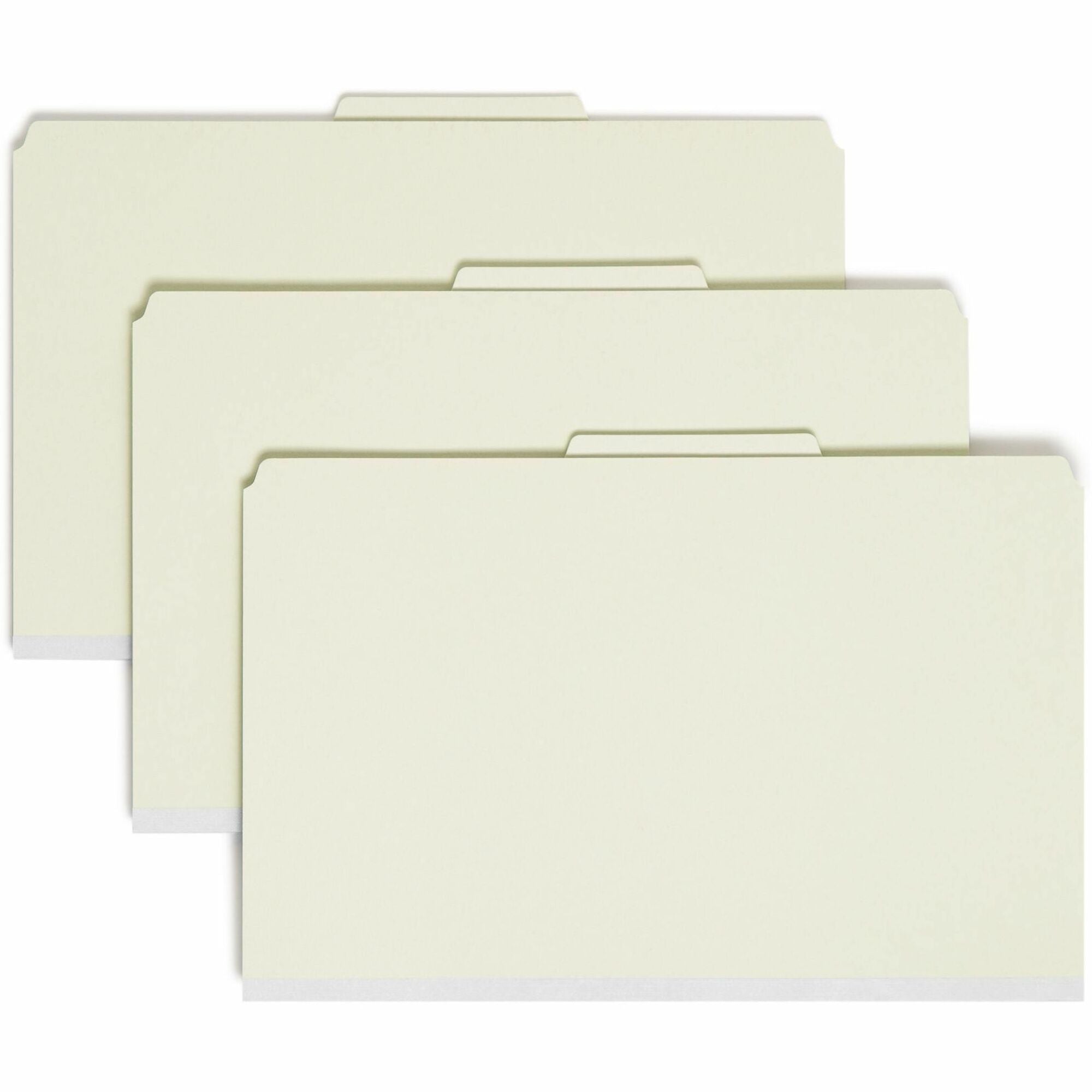 Smead SafeSHIELD Legal Size Classification Folders, 2/5 Tab Cut, 3" Expansion, 2 Fasteners, 3 Dividers, Heavy Duty Pressboard, Gray/Green, 100% Recycled, 10/Box