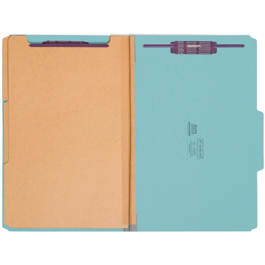 Smead SafeSHIELD Legal Size Blue Pressboard Classification Folders, 2/5 Tab Cut, 3 Dividers, 2 Fasteners, 3" Expansion, 100% Recycled, 10/Box