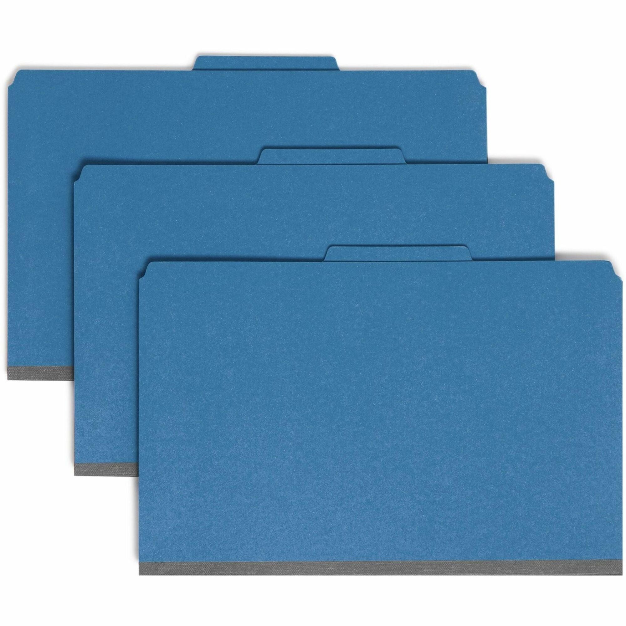 Smead SafeSHIELD 2/5 Tab Cut Legal Classification Folders, 3 Dividers, 2 Fasteners, 3" Expansion, 25 pt. Pressboard, Dark Blue, 100% Recycled, 10/Box