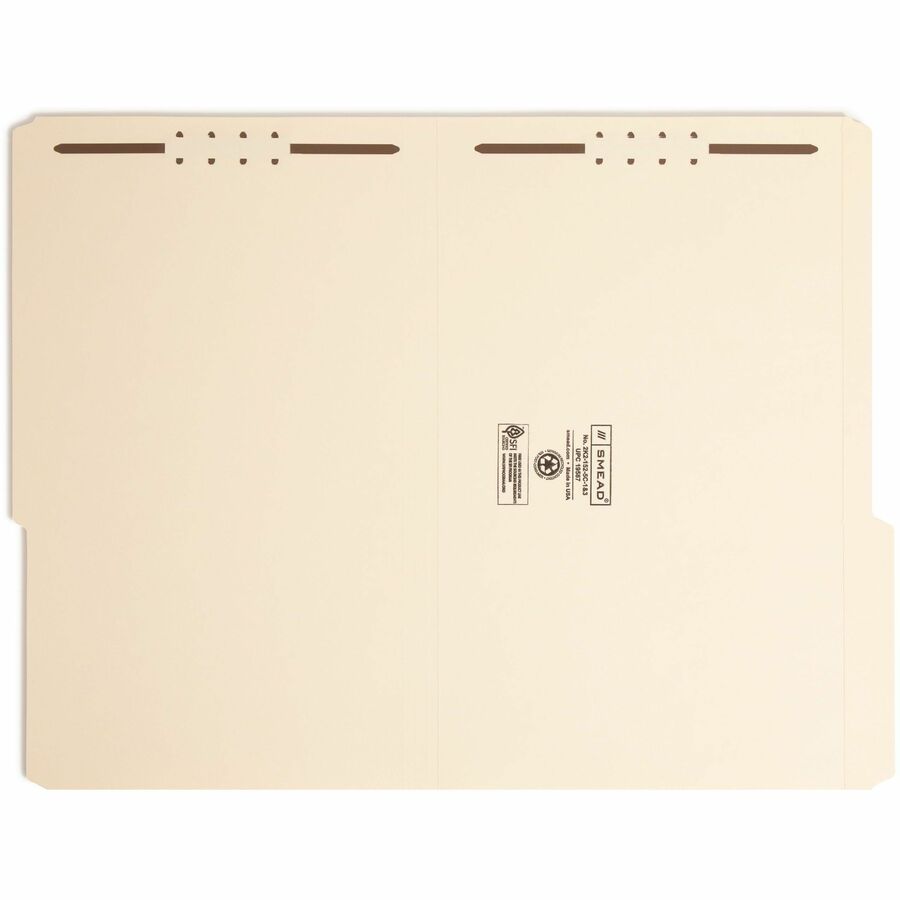 Smead 2/5 Tab Cut Legal Recycled Fastener Folder - 8 1/2" x 14" - 3/4" Expansion - 2 x 2K Fastener(s) - 2" for Folder - Top Tab Location - Right Tab Position - 11 pt. - 2 Plys - Manila - 10% Recycled - 50 / Box