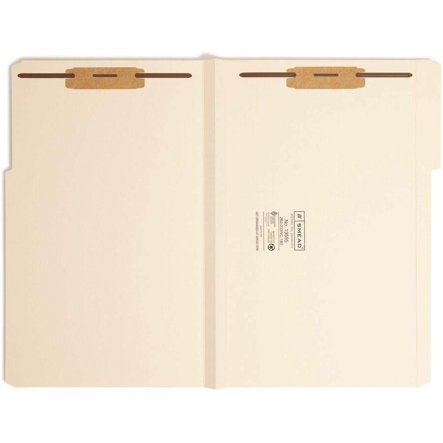 Smead 1/3 Tab Cut Legal Recycled Fastener Folder - 8 1/2" x 14" - 1 1/2" Expansion - 2 x 2B Fastener(s) - 1 1/2" for Folder - Top Tab Location - Assorted Tab Position - 14 pt. - 2 Plys - Manila - Reinforced Tab - 10% Recycled - 50 / Box