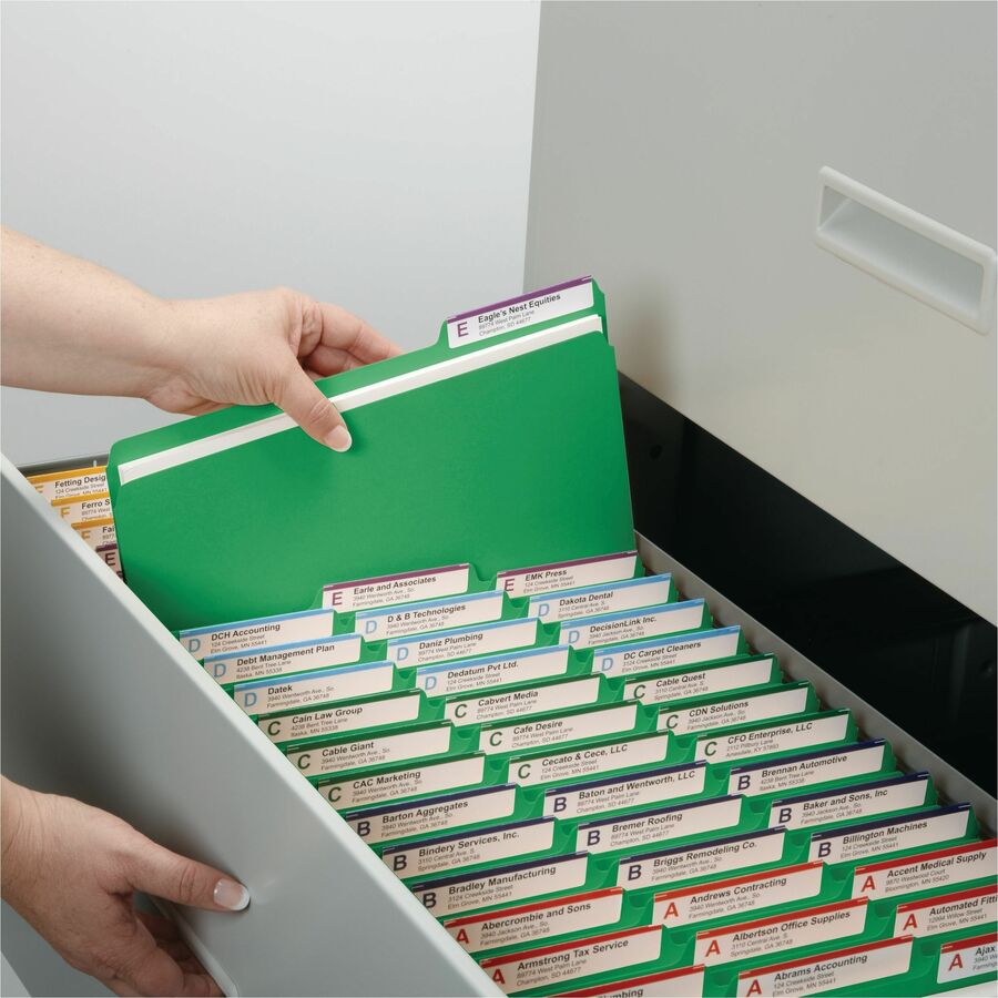 Smead Colored 1/3 Tab Cut Letter Recycled Top Tab File Folder - 8 1/2" x 11" - 1" Expansion - Top Tab Location - Assorted Tab Position - 25 pt. - Pressboard - Green - Tear Resistant, Wear Resistant - 100% Recycled - 25 / Box