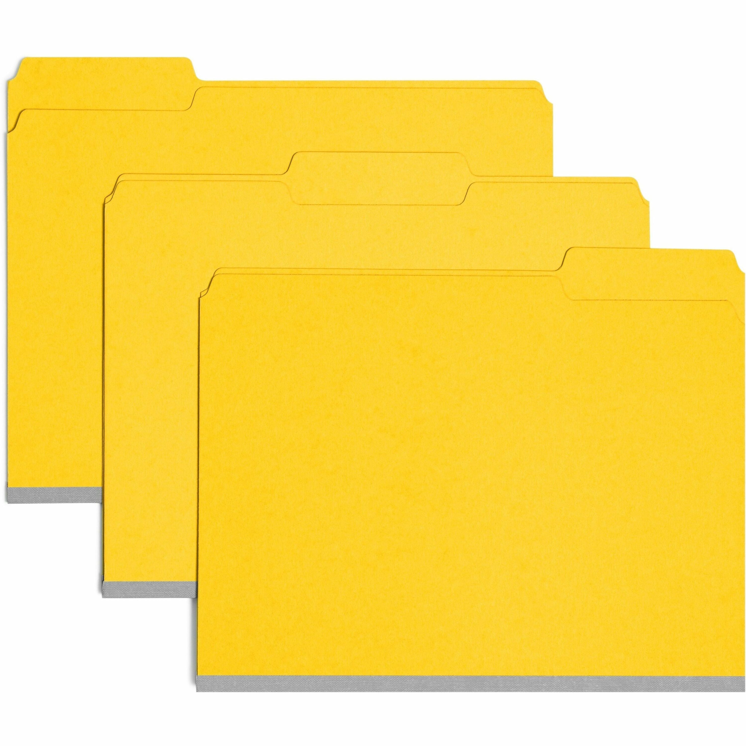 Smead Colored 1/3 Tab Cut Letter Recycled Top Tab File Folder - 8 1/2" x 11" - 1" Expansion - Top Tab Location - Assorted Tab Position - 25 pt. - Pressboard - Yellow - Rounded Corner, Wear Resistant, Tear Resistant - 100% Recycled - 25 / Box