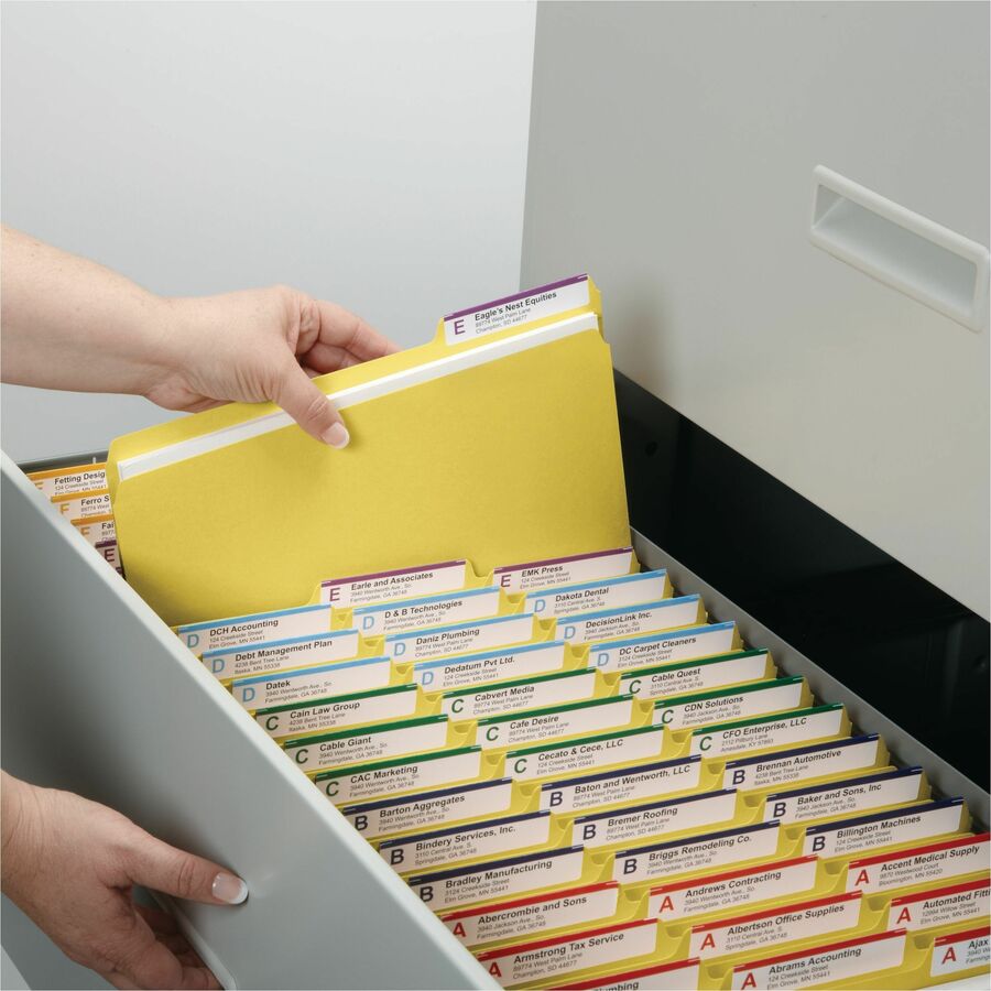 Smead Colored 1/3 Tab Cut Letter Recycled Top Tab File Folder - 8 1/2" x 11" - 1" Expansion - Top Tab Location - Assorted Tab Position - 25 pt. - Pressboard - Yellow - Rounded Corner, Wear Resistant, Tear Resistant - 100% Recycled - 25 / Box