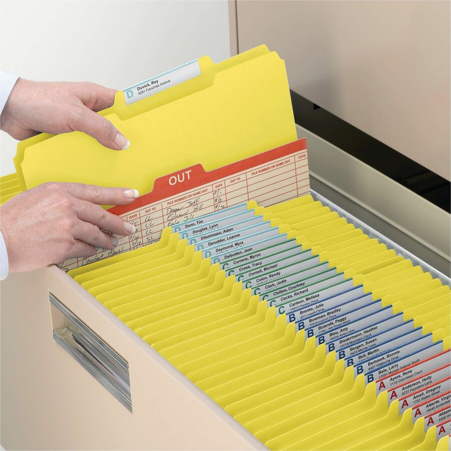 Smead Colored 1/3 Tab Cut Letter Recycled Top Tab File Folder - 8 1/2" x 11" - 1" Expansion - Top Tab Location - Assorted Tab Position - 25 pt. - Pressboard - Yellow - Rounded Corner, Wear Resistant, Tear Resistant - 100% Recycled - 25 / Box