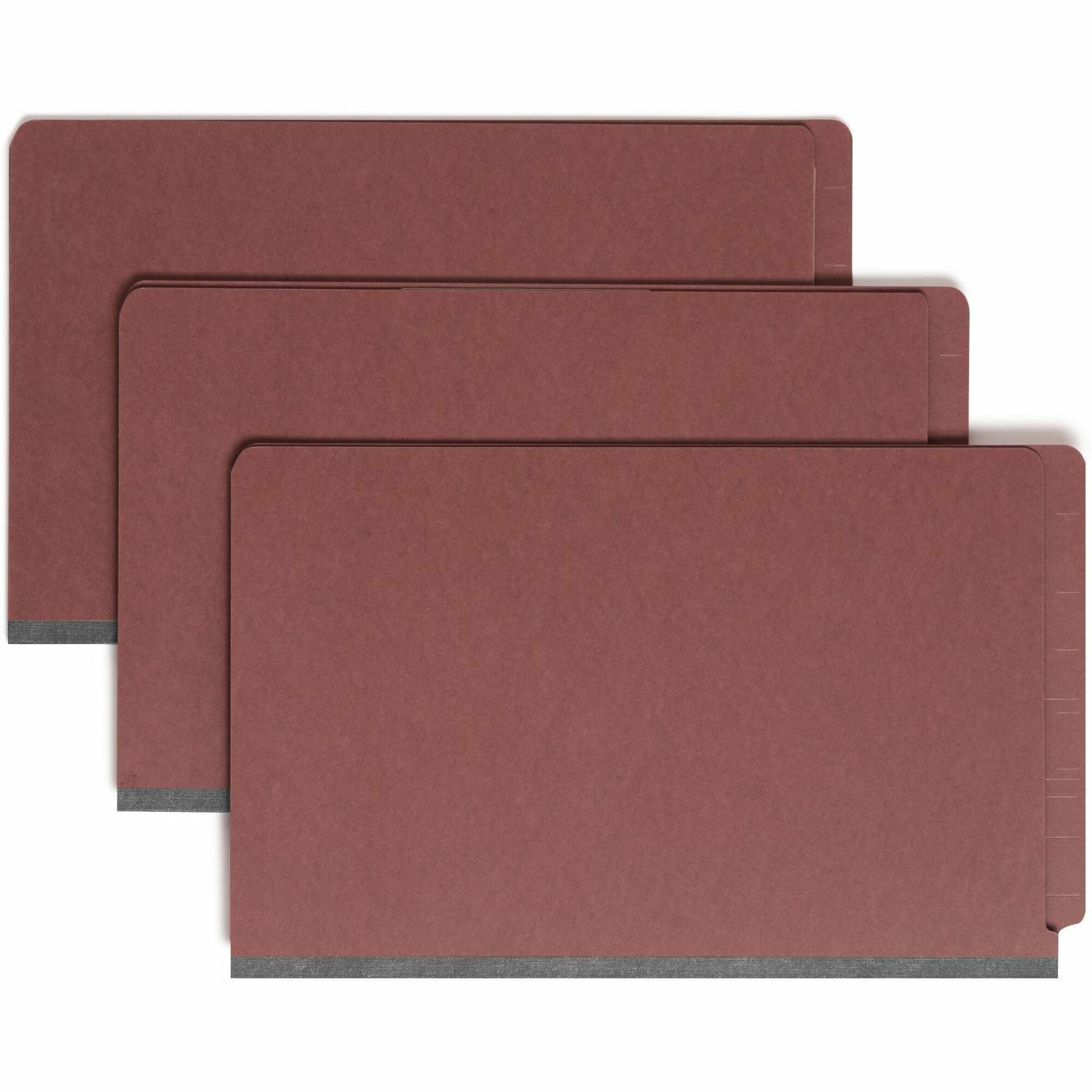 Smead 1/3 Tab Cut Legal Recycled Classification Folder - 8 1/2" x 14" - 3" Expansion - 2 x 2S Fastener(s) - 2" for Folder, 1" for Divider - End Tab Location - 3 Divider(s) - 25 pt. - Pressboard - Red - Rounded Corner - 60% Recycled - 10 / Box