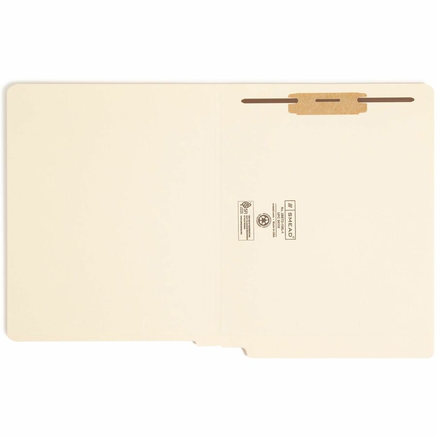 Smead Straight Tab Cut Letter Recycled Fastener Folder - 8 1/2" x 11" - 3/4" Expansion - 1 x 2B Fastener(s) - 2" for Folder - End Tab Location - 11 pt. - 2 Plys - Manila - Reinforced Tab, Embossed - 10% Recycled - 50 / Box