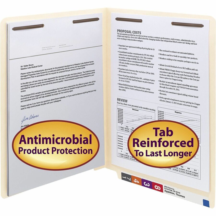 Smead Straight Tab Cut Letter Recycled Fastener Folder - 8 1/2" x 11" - 3/4" Expansion - 2 x 2B Fastener(s) - 11 pt. - 2 Plys - Pressboard - Manila - 10% Recycled - 50 / Box
