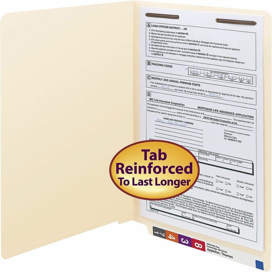 Smead Straight Tab Cut Legal Recycled Fastener Folder - 8 1/2" x 14" - 3/4" Expansion - 1 x 2B Fastener(s) - 2" for Folder - End Tab Location - 11 pt. - 2 Plys - Manila - Reinforced Tab, Embossed - 10% Recycled - 50 / Box