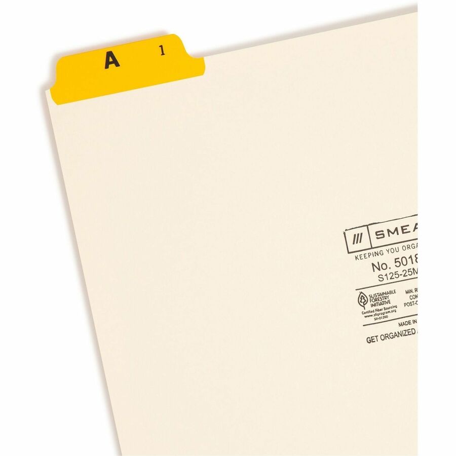 Smead File Guide - 25 Printed Assorted Tab(s) - Character - A-Z - 25 Tab(s)/Set - Letter - Yellow Manila, Green, Pink, Salmon, Blue Tab(s) - 10% Recycled - 1 Set