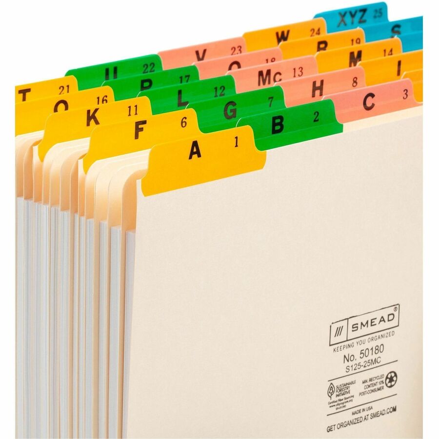 Smead File Guide - 25 Printed Assorted Tab(s) - Character - A-Z - 25 Tab(s)/Set - Letter - Yellow Manila, Green, Pink, Salmon, Blue Tab(s) - 10% Recycled - 1 Set