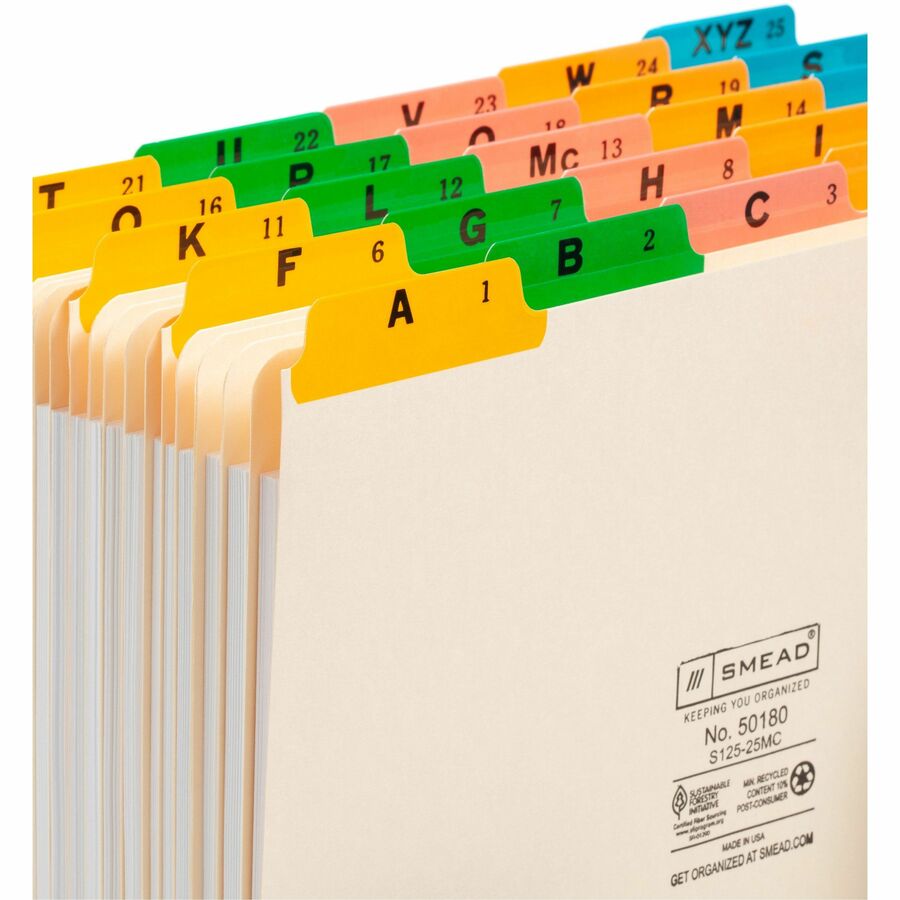 Smead File Guide - 25 Printed Assorted Tab(s) - Character - A-Z - 25 Tab(s)/Set - Letter - Yellow Manila, Green, Pink, Salmon, Blue Tab(s) - 10% Recycled - 1 Set