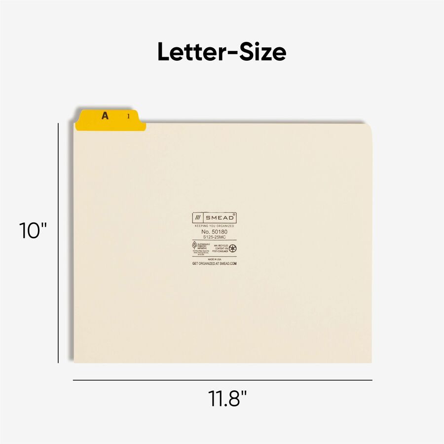 Smead File Guide - 25 Printed Assorted Tab(s) - Character - A-Z - 25 Tab(s)/Set - Letter - Yellow Manila, Green, Pink, Salmon, Blue Tab(s) - 10% Recycled - 1 Set