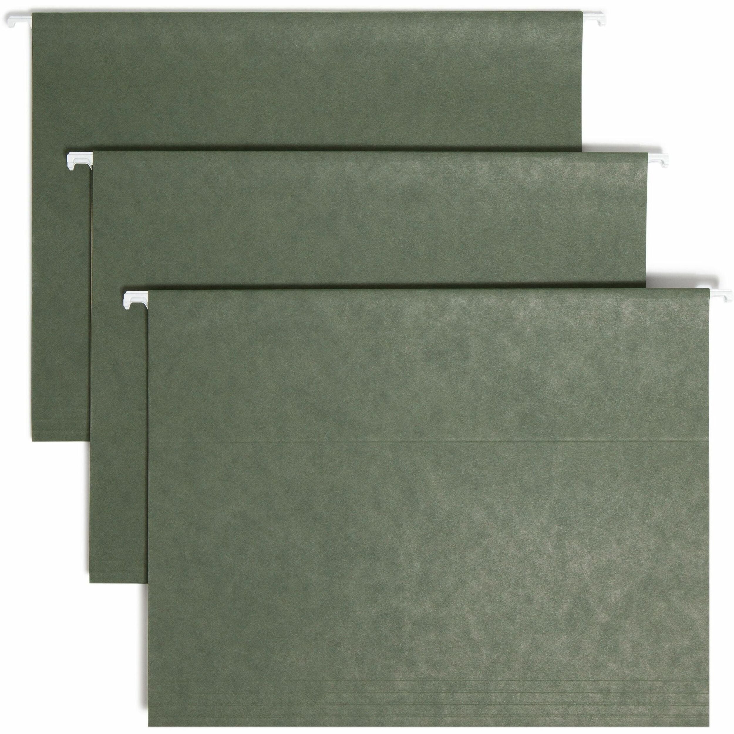 Smead 1/3 Tab Cut Letter Recycled Hanging Folder - 8 1/2" x 11" - Top Tab Location - Assorted Tab Position - 11 pt. - Vinyl - Standard Green - 10% Recycled - 25 / Box