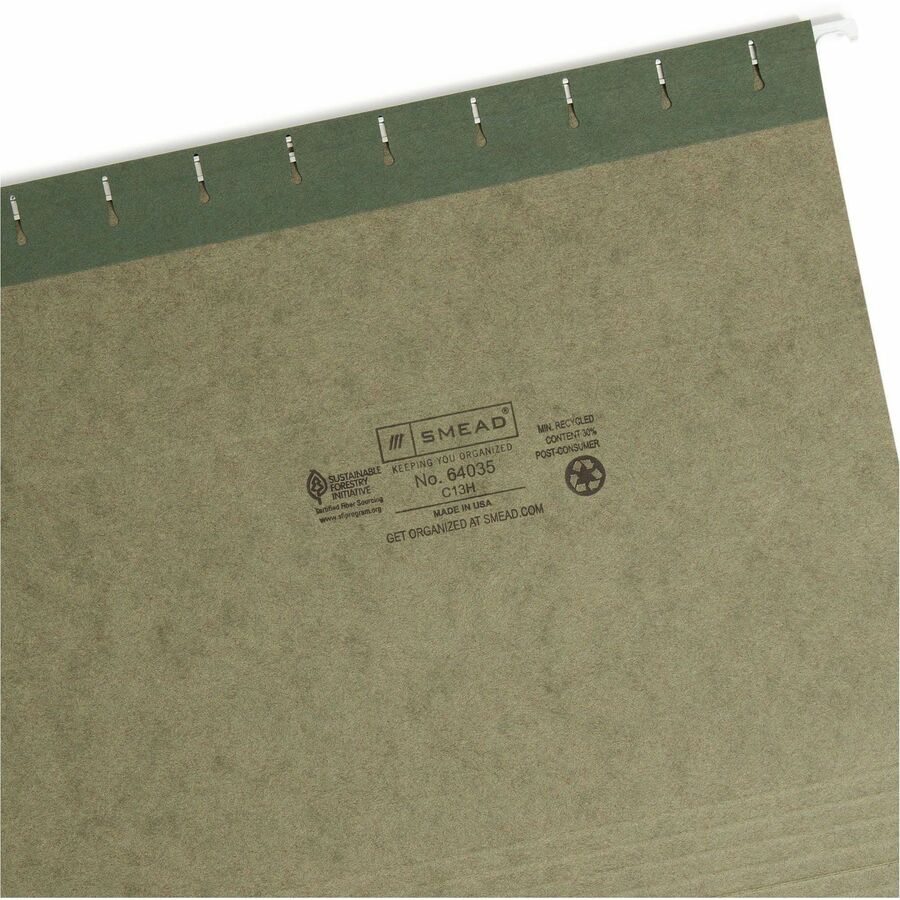 Smead 1/3 Tab Cut Letter Recycled Hanging Folder - 8 1/2" x 11" - Top Tab Location - Assorted Tab Position - 11 pt. - Vinyl - Standard Green - 10% Recycled - 25 / Box