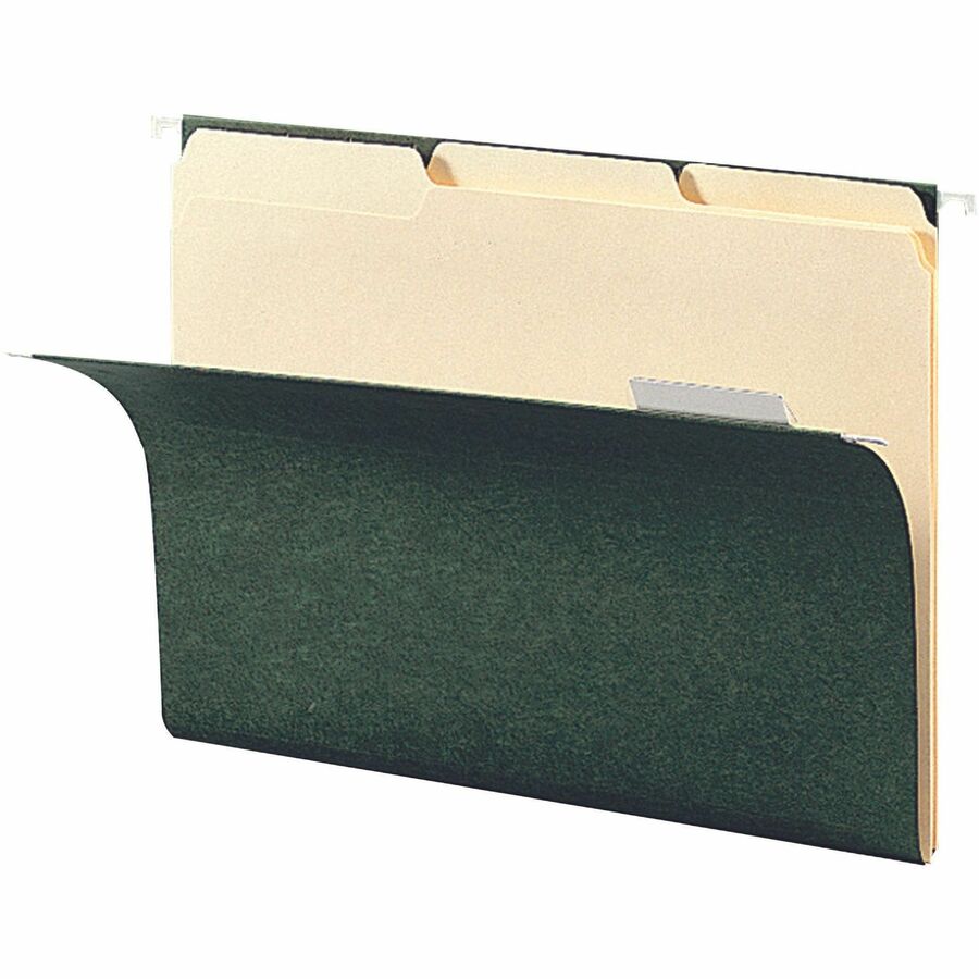 Smead 1/5 Tab Cut Letter Recycled Hanging Folder - 8 1/2" x 11" - Top Tab Location - Assorted Tab Position - 11 pt. - Vinyl - Standard Green - 10% Recycled - 25 / Box