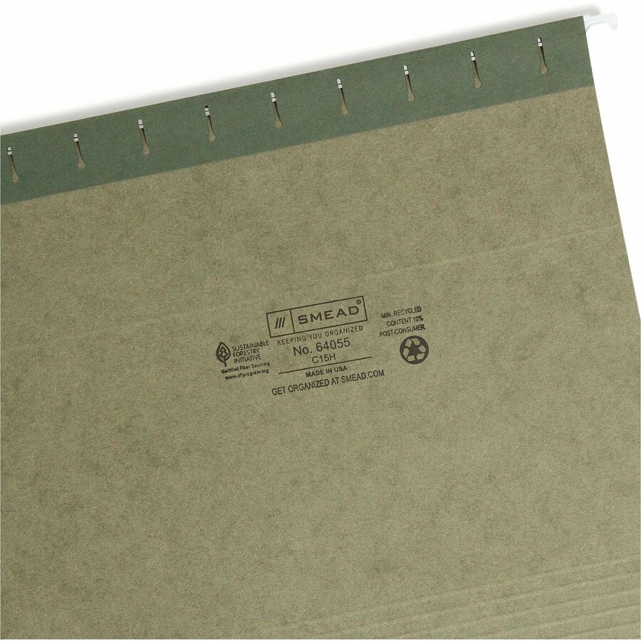 Smead 1/5 Tab Cut Letter Recycled Hanging Folder - 8 1/2" x 11" - Top Tab Location - Assorted Tab Position - 11 pt. - Vinyl - Standard Green - 10% Recycled - 25 / Box