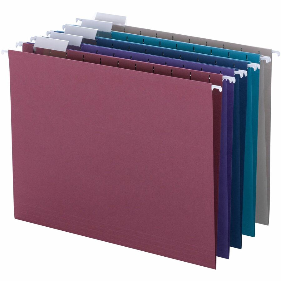 Smead Colored 1/5 Tab Cut Letter Recycled Hanging Folder - 8 1/2" x 11" - Top Tab Location - Assorted Tab Position - 11 pt. - Vinyl - Gray, Maroon, Navy, Purple, Teal - 10% Recycled - 25 / Box