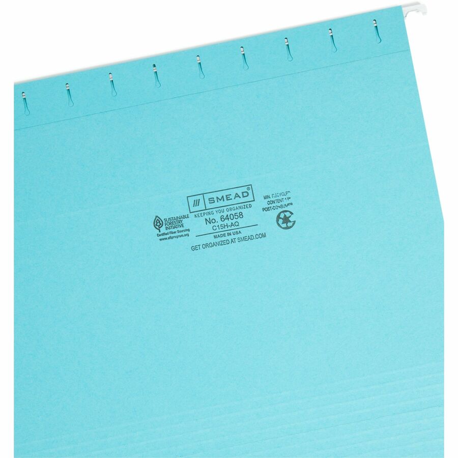 Smead Colored 1/5 Tab Cut Letter Recycled Hanging Folder - 8 1/2" x 11" - Top Tab Location - Assorted Tab Position - 11 pt. - Aqua - 10% Recycled - 25 / Box