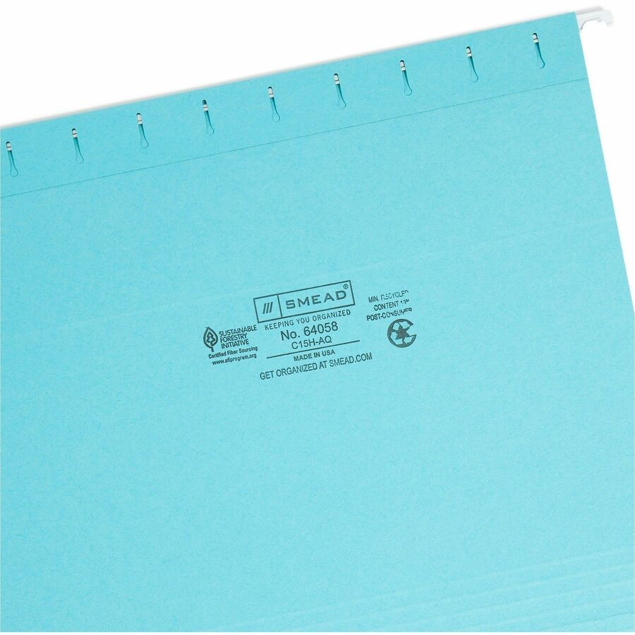 Smead Colored 1/5 Tab Cut Letter Recycled Hanging Folder - 8 1/2" x 11" - Top Tab Location - Assorted Tab Position - 11 pt. - Aqua - 10% Recycled - 25 / Box