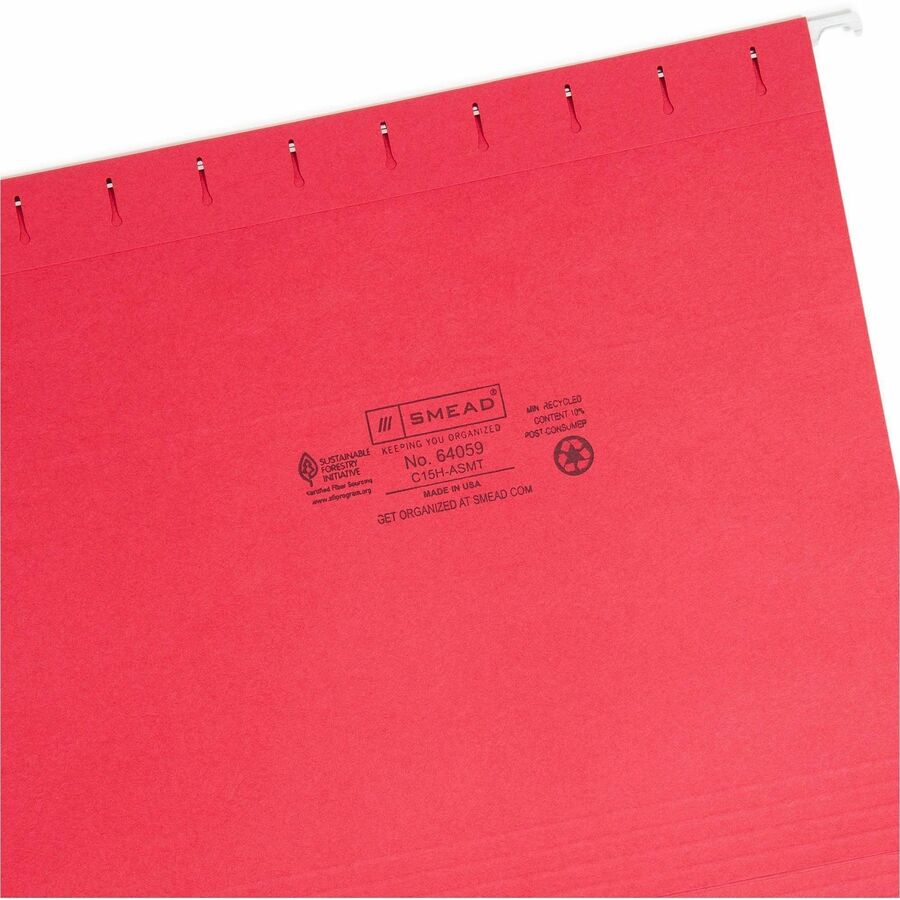 Smead Colored 1/5 Tab Cut Letter Recycled Hanging Folder - 8 1/2" x 11" - Top Tab Location - Assorted Tab Position - 11 pt. - Vinyl - Blue, Green, Orange, Red, Yellow - 10% Recycled - 25 / Box