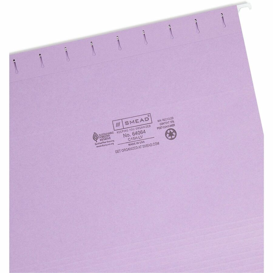 Smead Colored 1/5 Tab Cut Letter Recycled Hanging Folder - 8 1/2" x 11" - Top Tab Location - Assorted Tab Position - 11 pt. - Vinyl - Lavender - 10% Recycled - 25 / Box