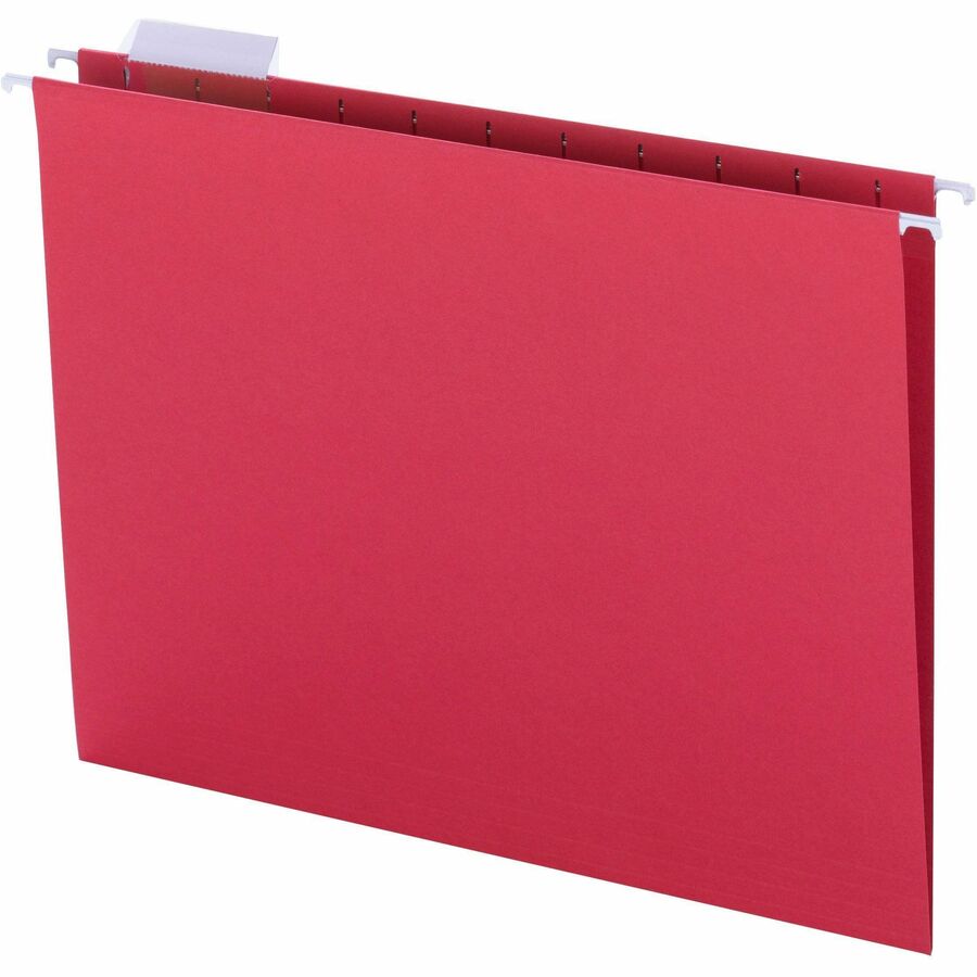 Smead Colored 1/5 Tab Cut Letter Recycled Hanging Folder - 8 1/2" x 11" - Top Tab Location - Assorted Tab Position - 11 pt. - Vinyl - Red - 10% Recycled - 25 / Box