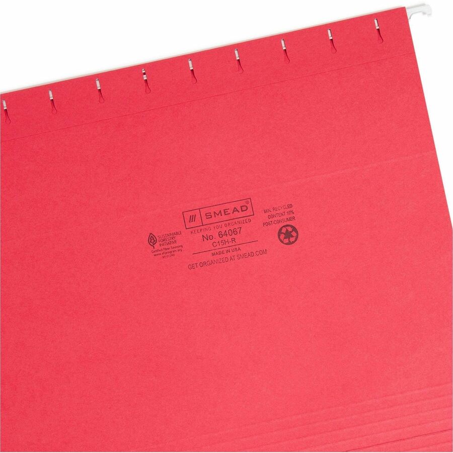 Smead Colored 1/5 Tab Cut Letter Recycled Hanging Folder - 8 1/2" x 11" - Top Tab Location - Assorted Tab Position - 11 pt. - Vinyl - Red - 10% Recycled - 25 / Box