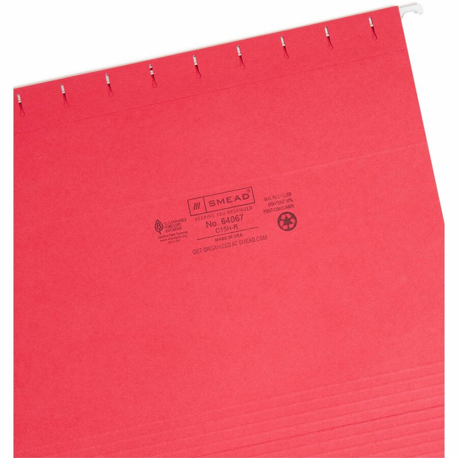 Smead Colored 1/5 Tab Cut Letter Recycled Hanging Folder - 8 1/2" x 11" - Top Tab Location - Assorted Tab Position - 11 pt. - Vinyl - Red - 10% Recycled - 25 / Box
