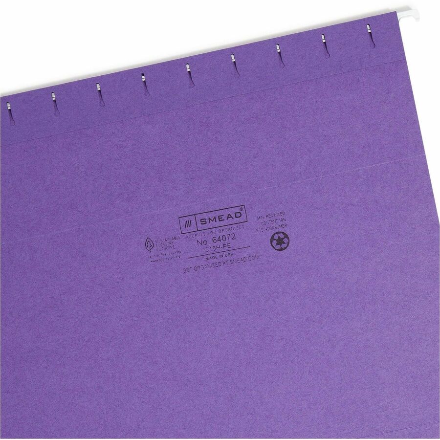 Smead 1/5 Tab Cut Letter Recycled Hanging Folder - 8 1/2" x 11" - Top Tab Location - Assorted Tab Position - 11 pt. - Vinyl - Purple - Hanging System - 10% Recycled - 25 / Box