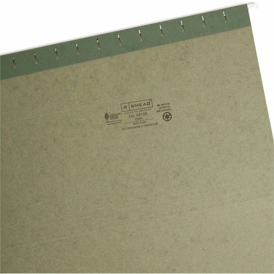 Smead 1/5 Tab Cut Legal Recycled Hanging Folder - 8 1/2" x 14" - Top Tab Location - Assorted Tab Position - 11 pt. - Vinyl - Standard Green - 10% Recycled - 25 / Box
