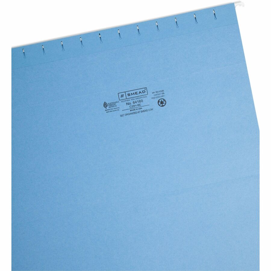 Smead Colored 1/5 Tab Cut Legal Recycled Hanging Folder - 8 1/2" x 14" - Top Tab Location - Assorted Tab Position - 11 pt. - Blue - 10% Recycled - 25 / Box