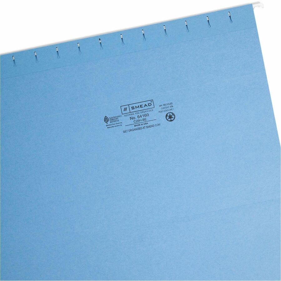Smead Colored 1/5 Tab Cut Legal Recycled Hanging Folder - 8 1/2" x 14" - Top Tab Location - Assorted Tab Position - 11 pt. - Blue - 10% Recycled - 25 / Box