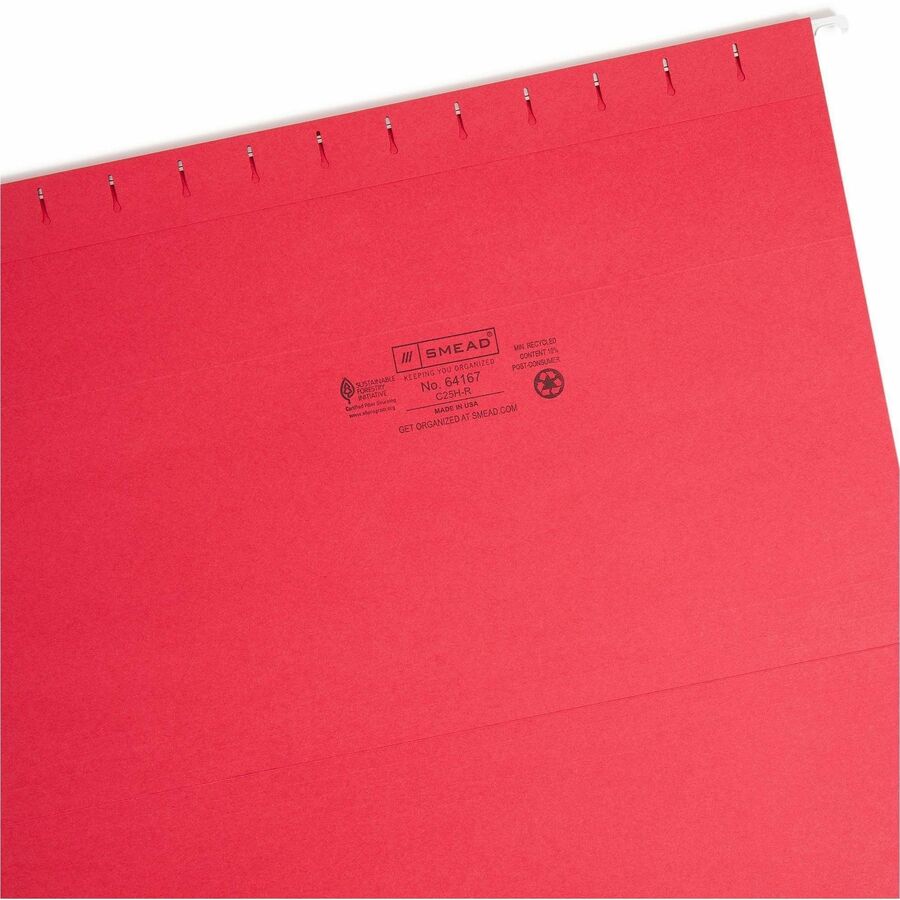 Smead Colored 1/5 Tab Cut Legal Recycled Hanging Folder - 8 1/2" x 14" - Top Tab Location - Assorted Tab Position - 11 pt. - Red - 10% Recycled - 25 / Box