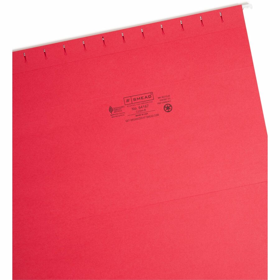 Smead Colored 1/5 Tab Cut Legal Recycled Hanging Folder - 8 1/2" x 14" - Top Tab Location - Assorted Tab Position - 11 pt. - Red - 10% Recycled - 25 / Box