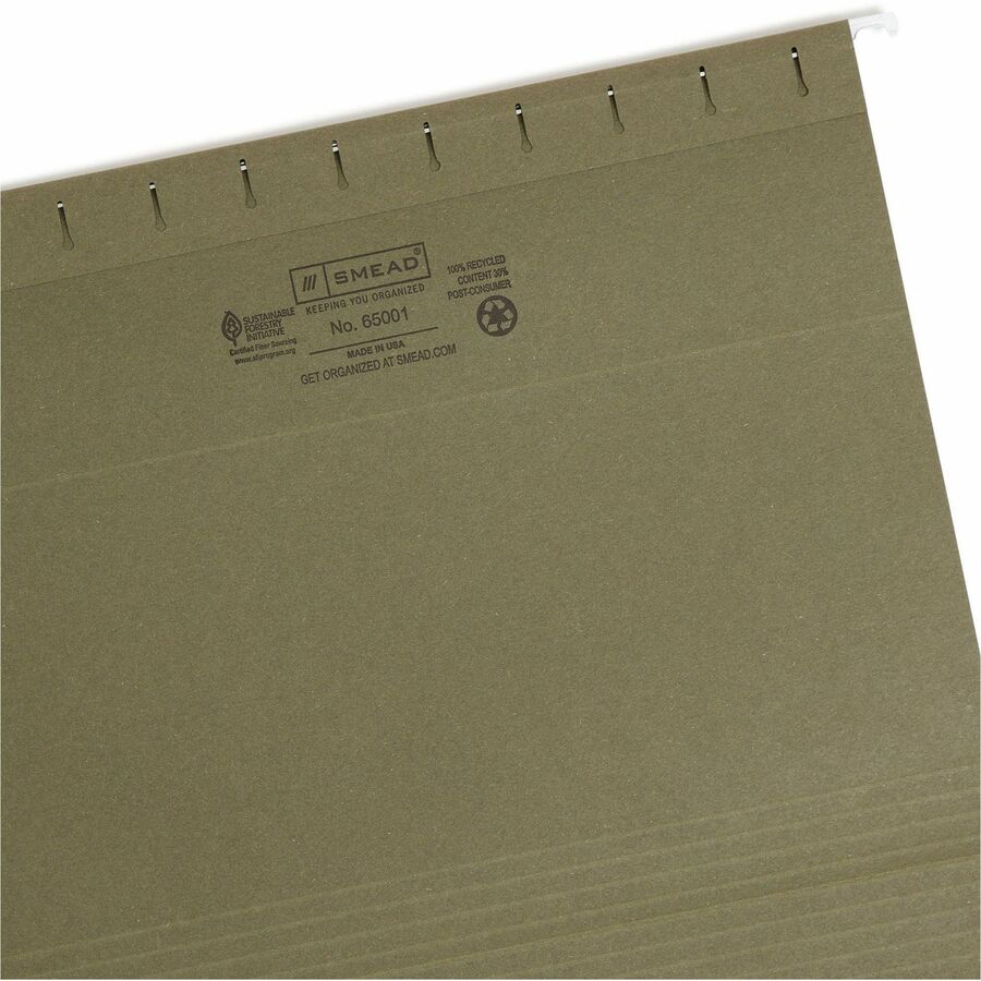 Smead 1/5 Tab Cut Letter Recycled Hanging Folder - 8 1/2" x 11" - Top Tab Location - Assorted Tab Position - 11 pt. - Vinyl - Standard Green - Hanging System - 100% Recycled - 25 / Box