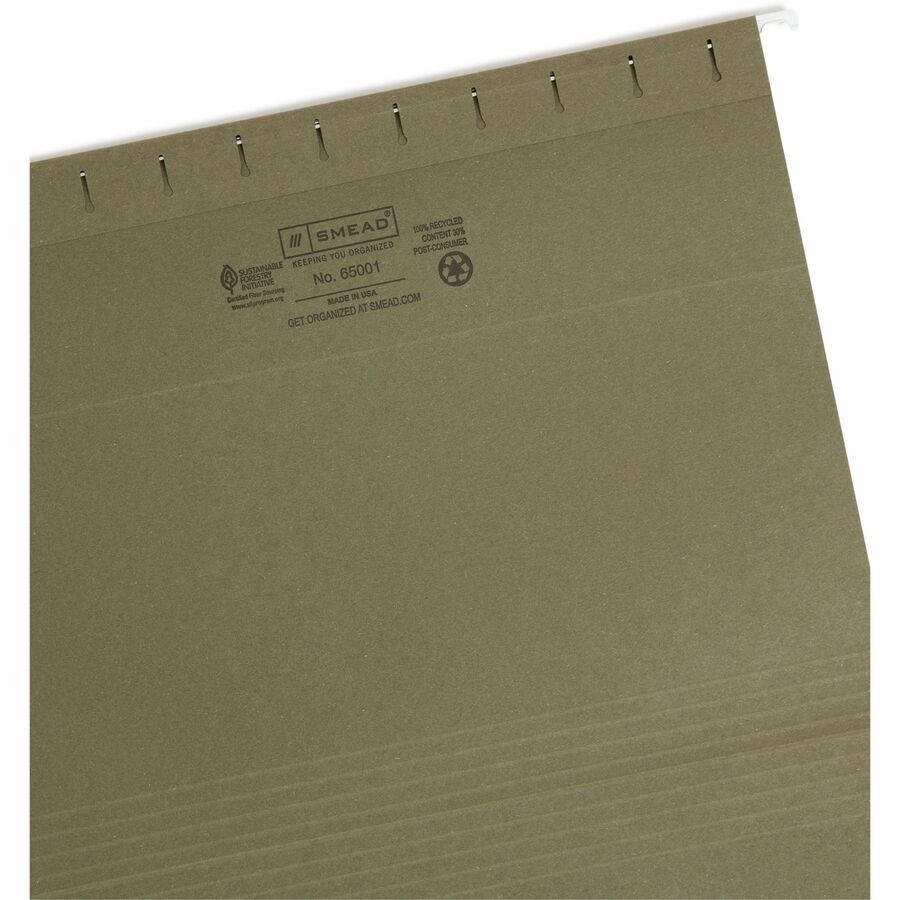 Smead 1/5 Tab Cut Letter Recycled Hanging Folder - 8 1/2" x 11" - Top Tab Location - Assorted Tab Position - 11 pt. - Vinyl - Standard Green - Hanging System - 100% Recycled - 25 / Box