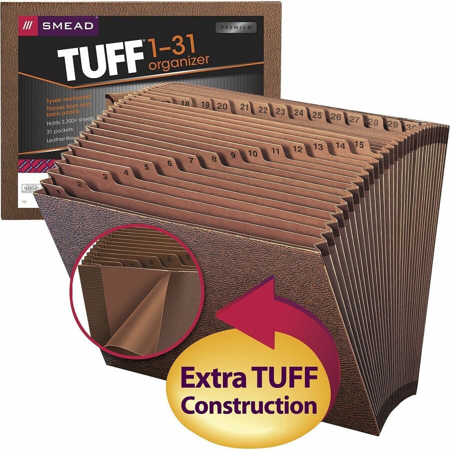 Smead TUFF Letter Recycled Expanding File - 8 1/2" x 11" - 7/8" Expansion - 31 Pocket(s) - Redrope - Reinforced Gusset - 30% Recycled - 1 Each