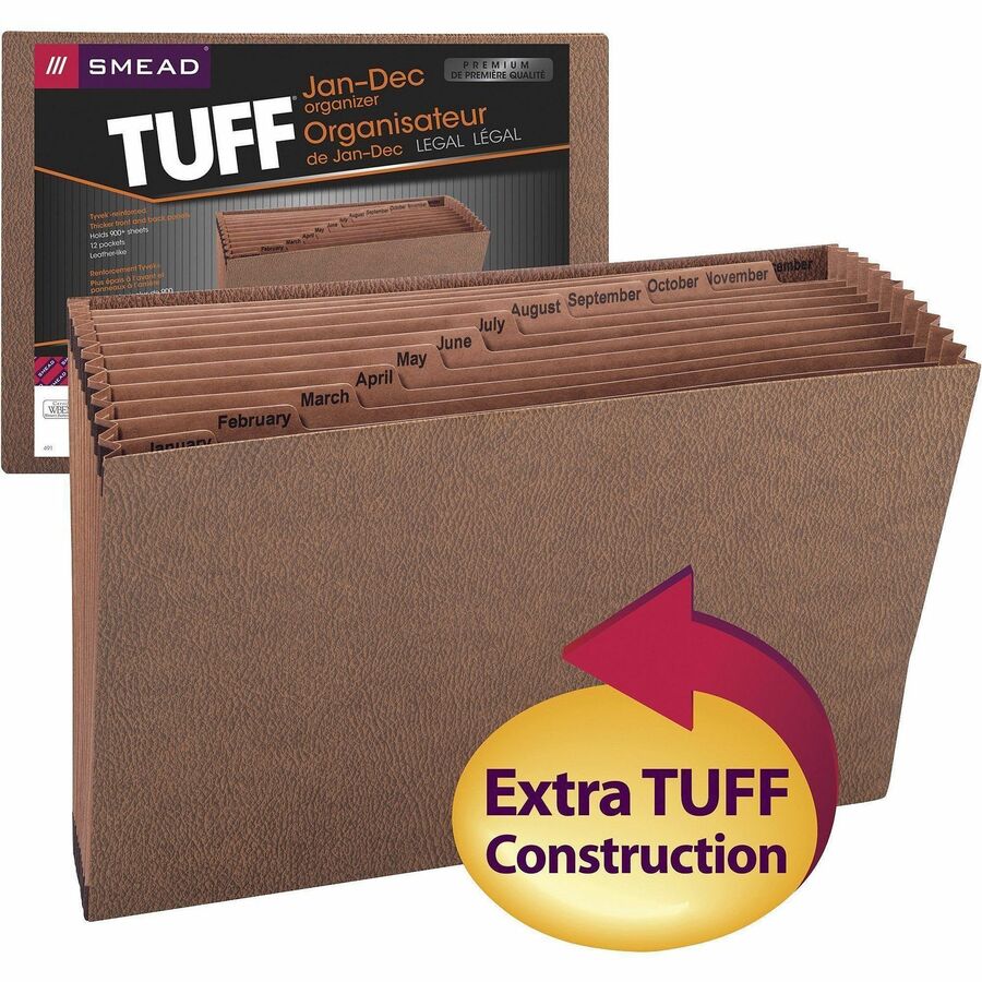 Smead TUFF Legal Recycled Expanding File - 8 1/2" x 14" - 7/8" Expansion - 12 Pocket(s) - Redrope - Tear Resistant, Reinforced Gusset - 30% Recycled - 1 Each