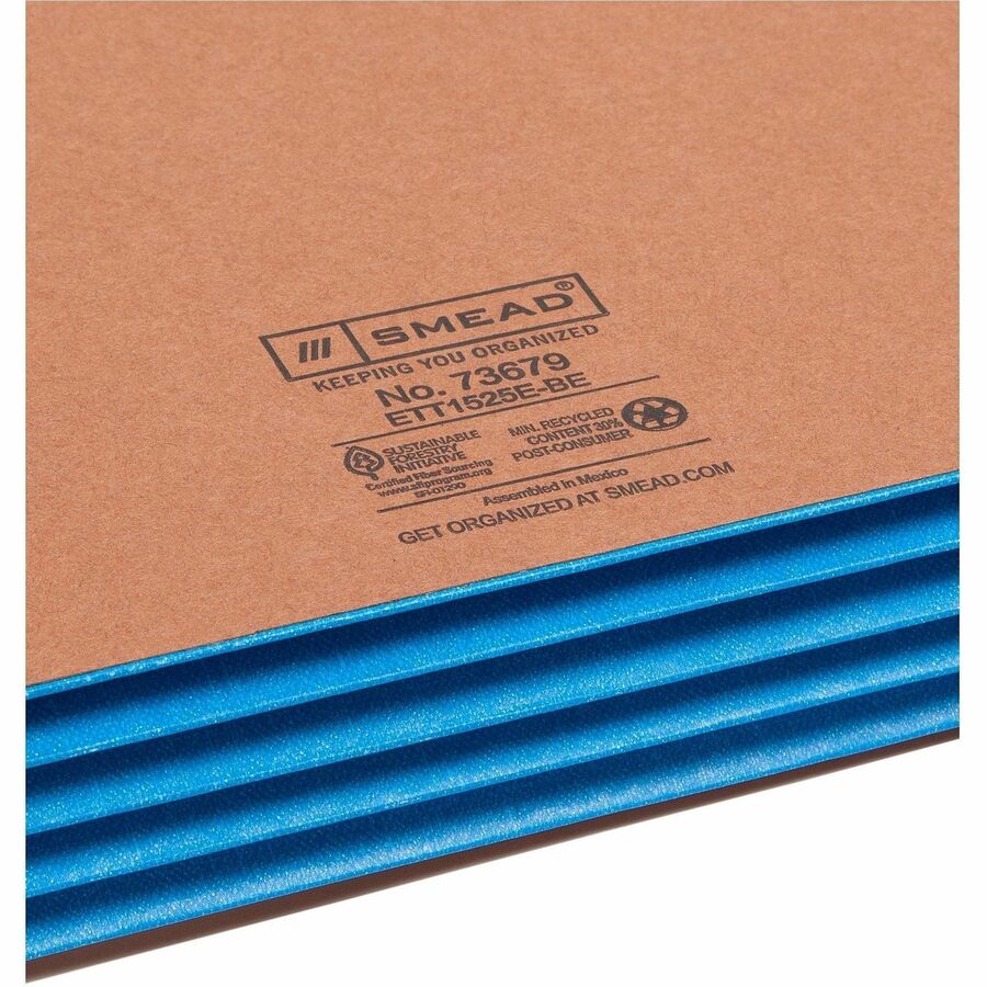 Smead Straight Tab Cut Letter Recycled File Pocket - 8 1/2" x 11" - 3 1/2" Expansion - 1 Pocket(s) - Top Tab Location - 12.5 pt. - 2 Plys - Blue - 30% Recycled - 10 / Box