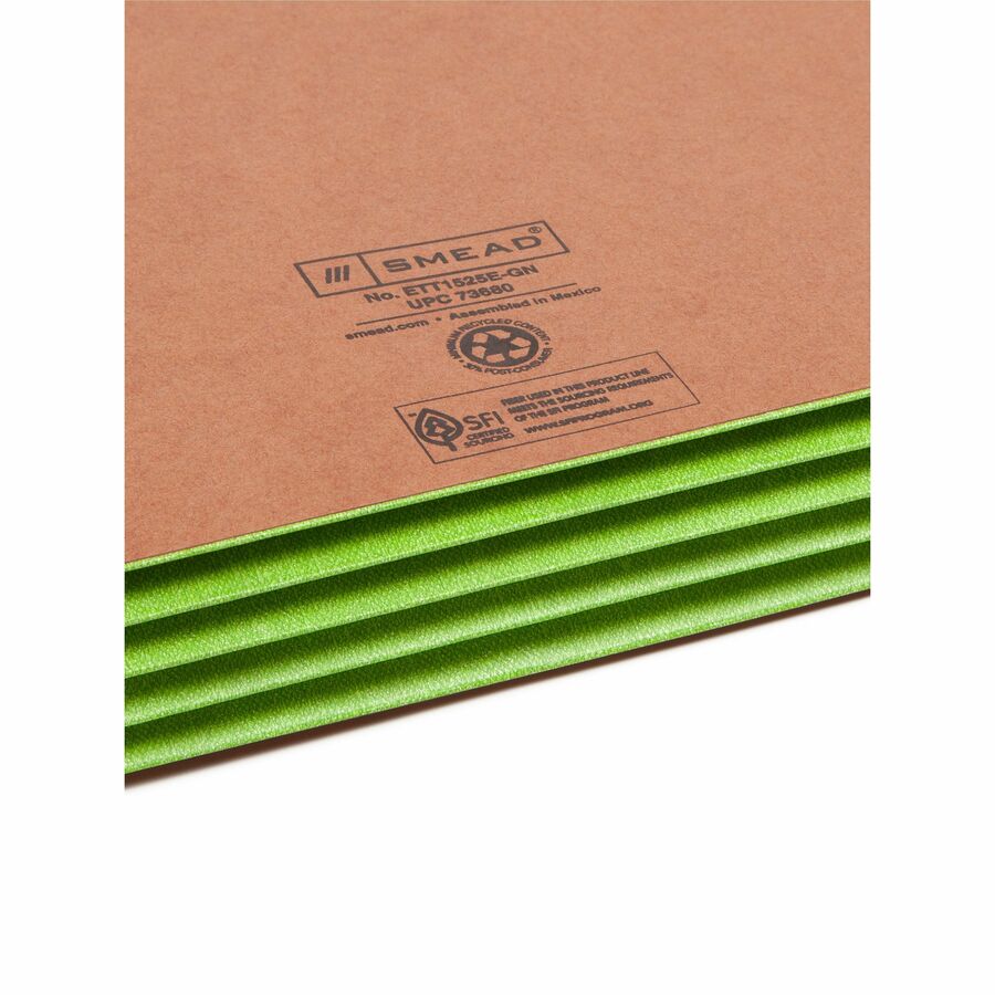 Smead TUFF Pocket Straight Tab Cut Letter Recycled File Pocket - 8 1/2" x 11" - 3 1/2" Expansion - 1 Pocket(s) - Top Tab Location - 2 Plys - Redrope - Green - Tear Resistant - 30% Recycled - 10 / Box