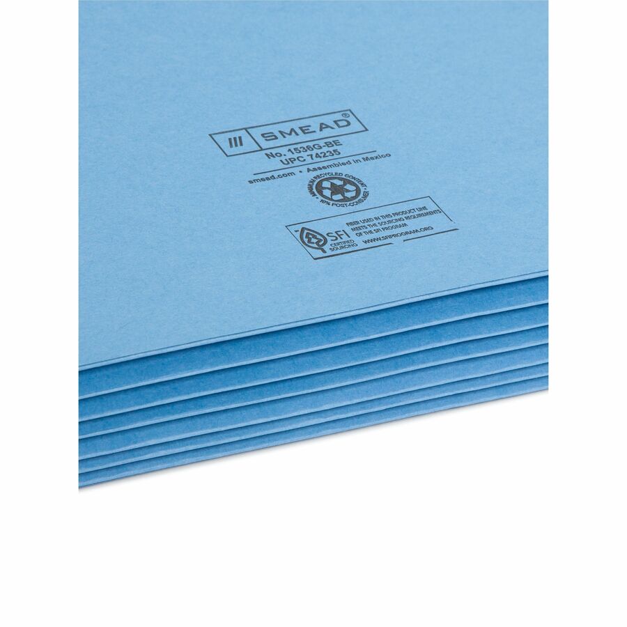 Smead Colored Straight Tab Cut Legal Recycled File Pocket - 8 1/2" x 14" - 5 1/4" Expansion - Top Tab Location - 9 pt. - Card Stock - Blue - Tear Resistant - 10% Recycled - 1 Each