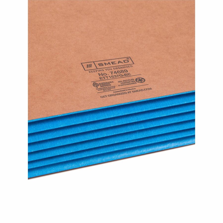 Smead Straight Tab Cut Legal Recycled File Pocket - 8 1/2" x 14" - 5 1/4" Expansion - 12.5 pt. - 2 Plys - Redrope - Blue - Embossed - 30% Recycled - 10 / Box