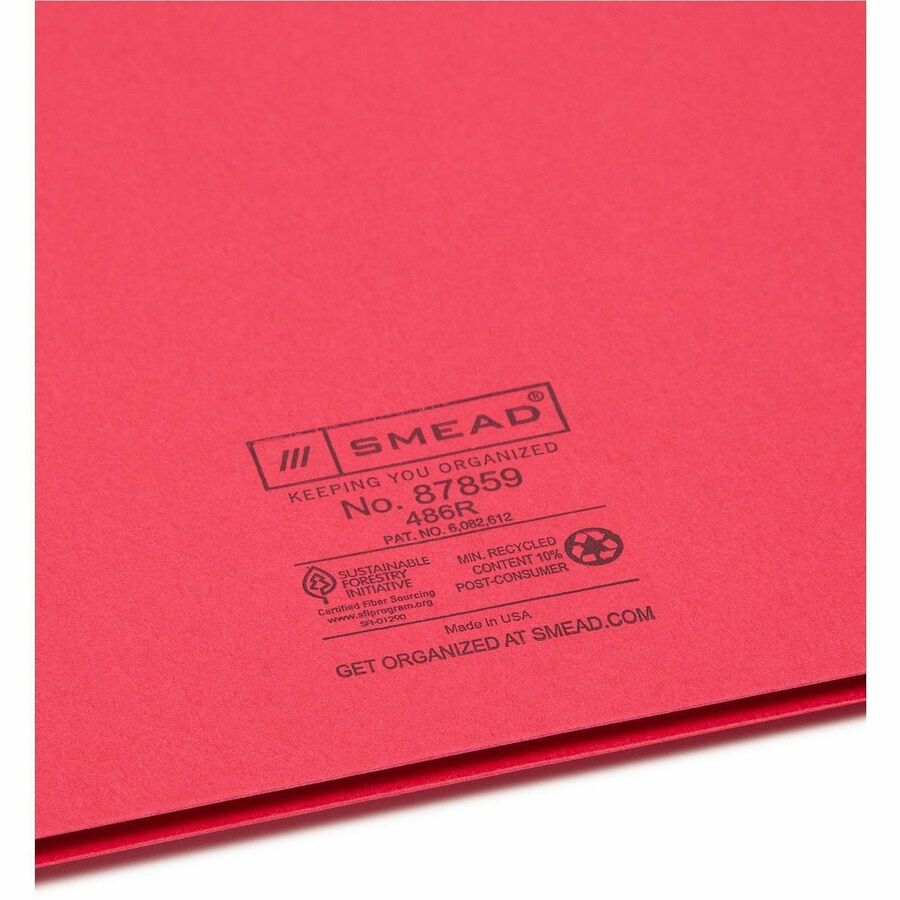 Smead Letter Recycled Pocket Folder - 8 1/2" x 11" - 100 Sheets Capacity - Folder - 2 Pocket(s) - 11 pt. - Leatherette - Red - 10% Recycled - 25 / Box