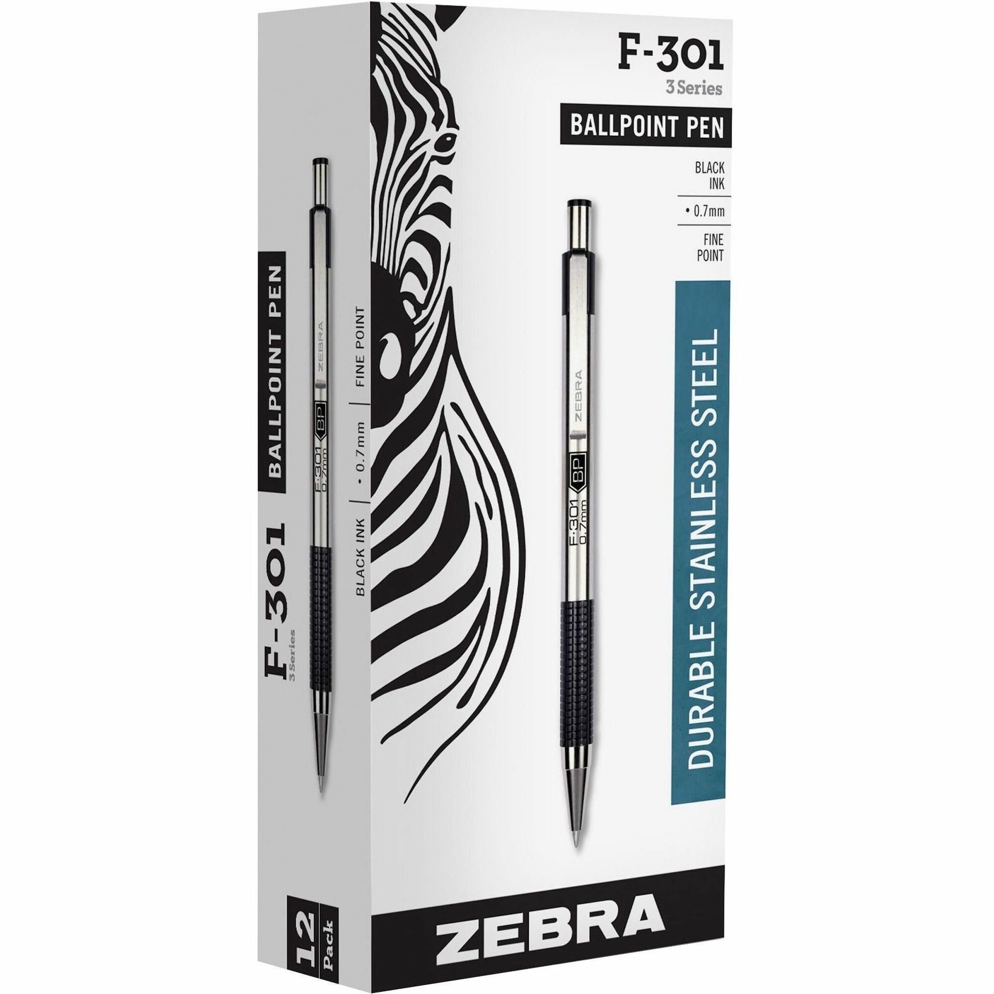 Zebra STEEL 3 Series F-301 Retractable Ballpoint Pen - 0.7 mm Fine Pen Point - Refillable - Retractable - Black Ink - Stainless Steel Stainless Steel Barrel - 1 Dozen