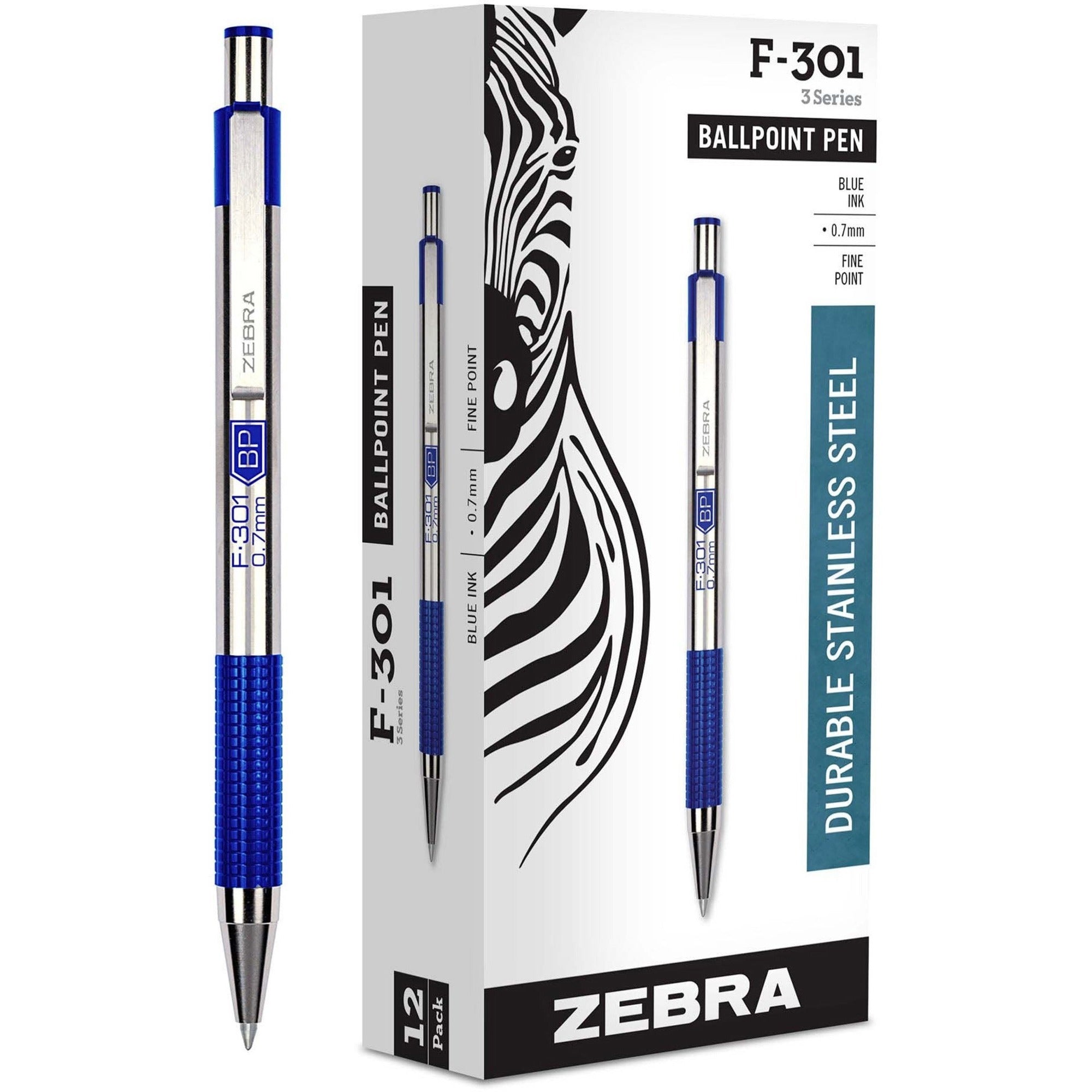 0.7 mm Fine Pen Point - Refillable - Retractable - Blue Ink - Stainless Steel Stainless Steel Barrel - 1 Dozen