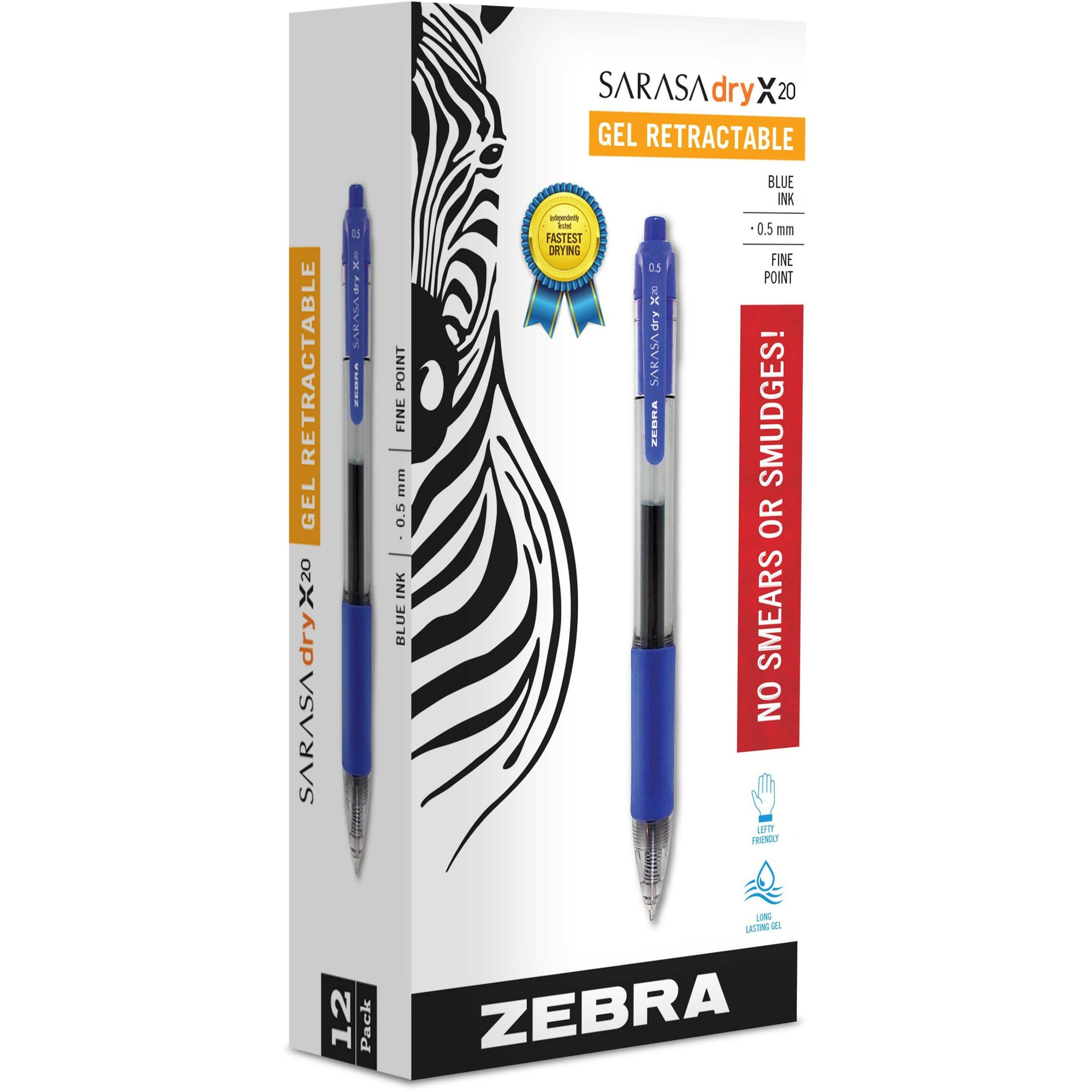 Zebra SARASA dry X20 Retractable Gel Pen - 0.5 mm Fine Pen Point - Refillable - Retractable - Blue Ink - Pigment-based - Translucent Barrel - 1 Dozen