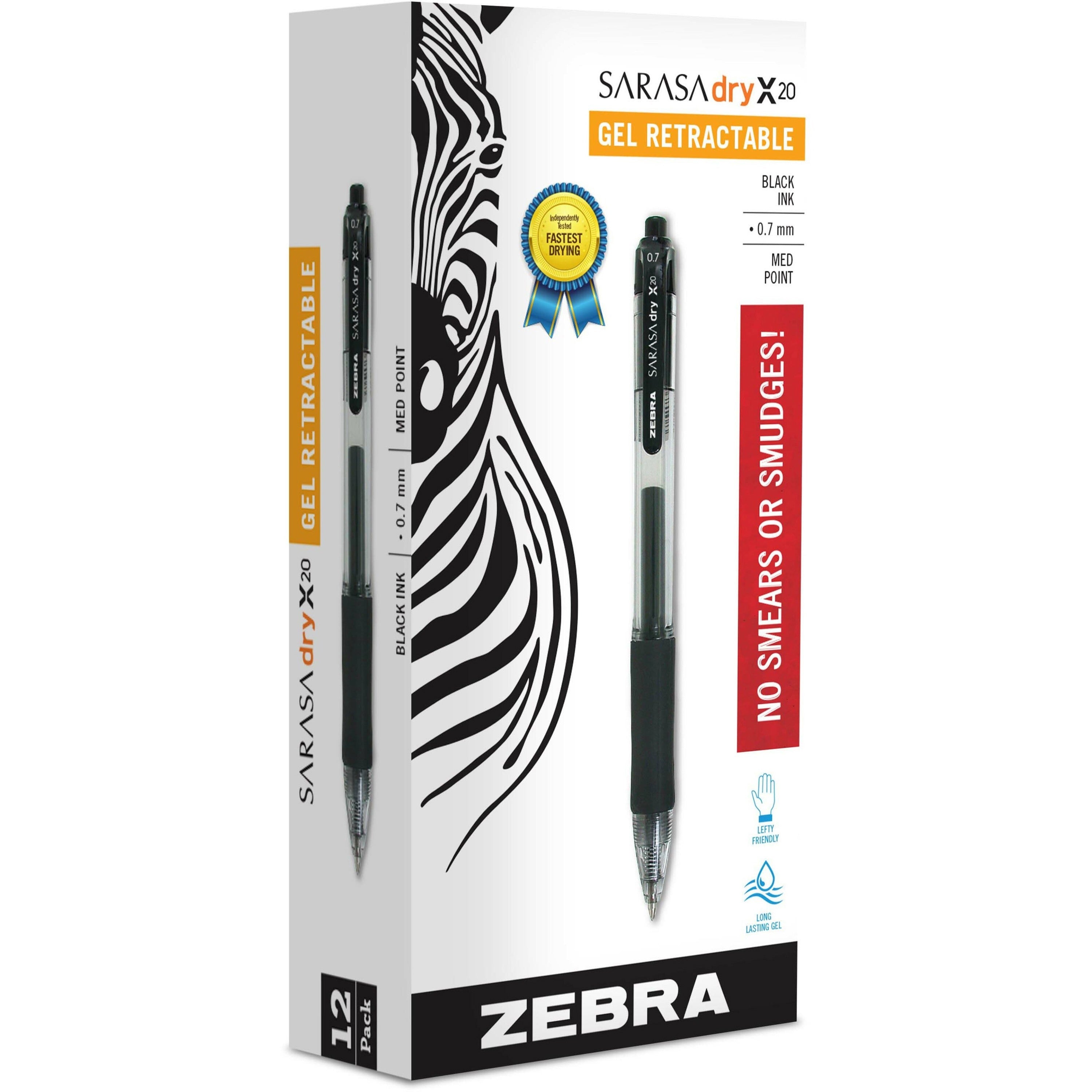 Zebra SARASA dry X20 Retractable Gel Pen - 0.7 mm Medium Pen Point - Refillable - Retractable - Black Ink - Pigment-based - Translucent Barrel - 1 Dozen