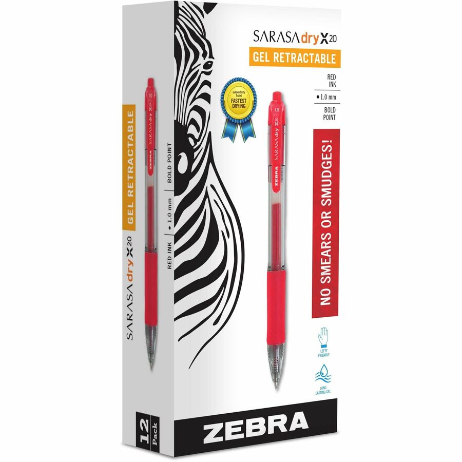 Zebra SARASA dry X20 Retractable Gel Pen - 0.7 mm Medium Pen Point - Refillable - Retractable - Red Ink - Pigment-based - Translucent Barrel - 1 Dozen