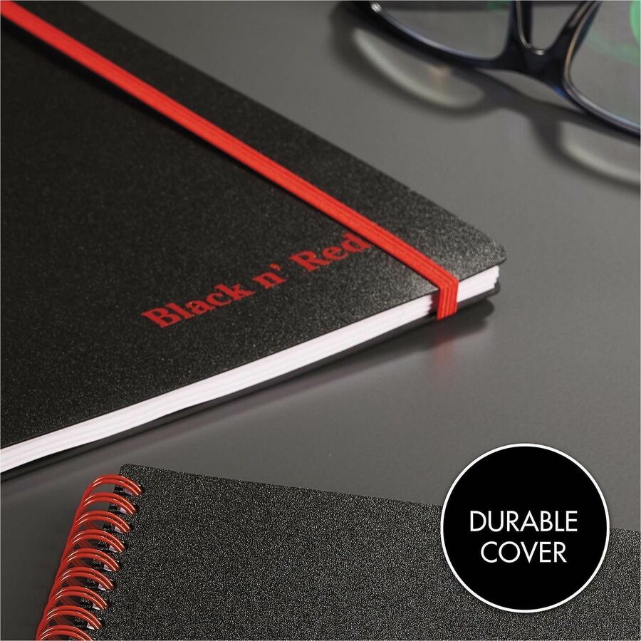 Black n' Red Business Notebook - 70 Sheets - Wire Bound - 24 lb Basis Weight - A5 - 5 7/8" x 8 1/4" Sheet Size - White Paper - Red Binding - Black Polypropylene Cover - Perforated, Wipe-clean Cover, Rigid, Strap, Micro Perforated - 1 Each